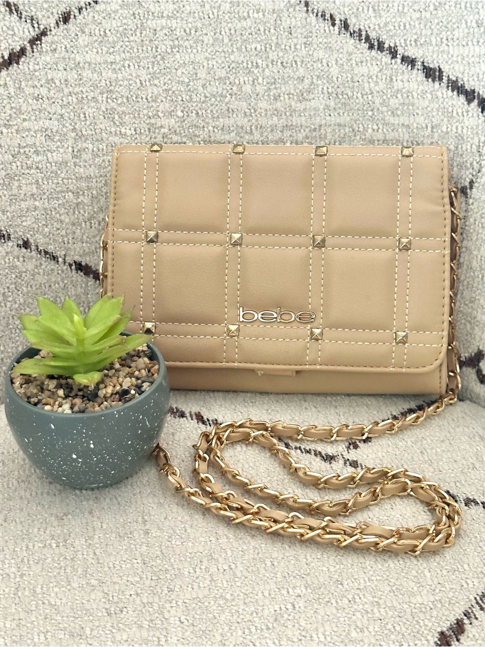 bebe Quilted Chica Stud Crossbody with Gold Chain Strap